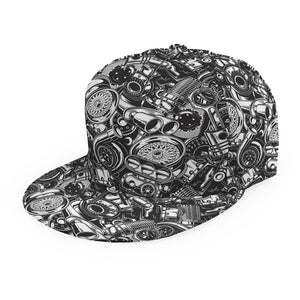 Black And White Mechanic Pattern Print Snapback Cap