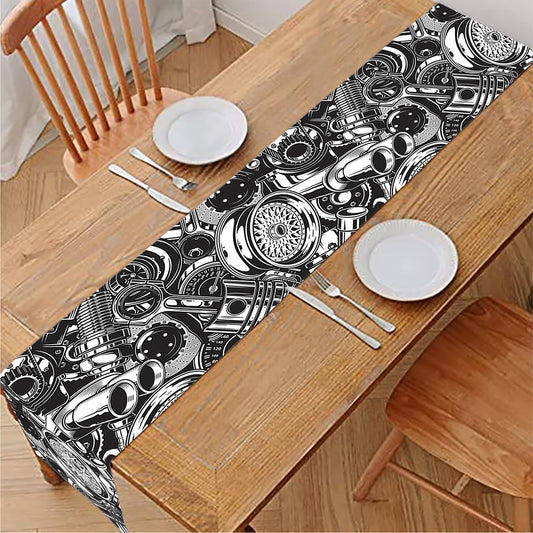 Black And White Mechanic Pattern Print Table Runner