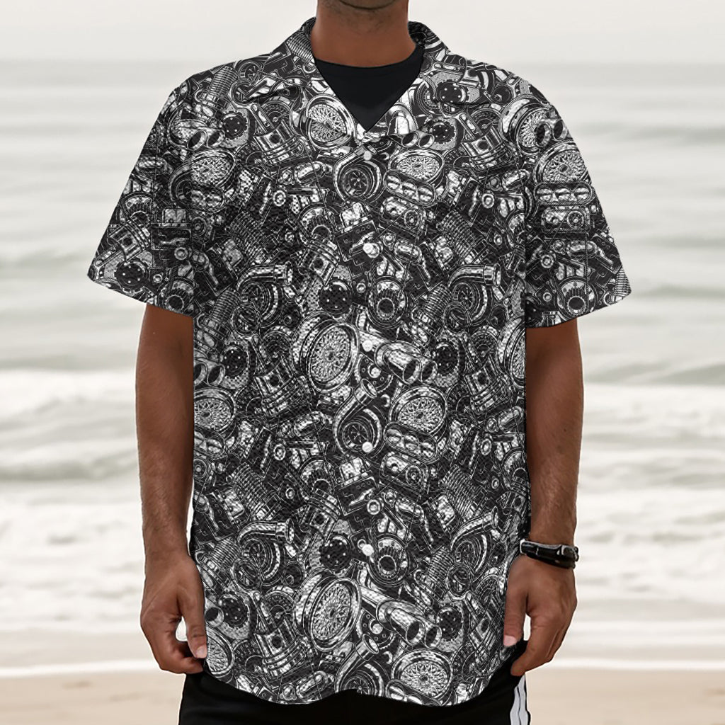 Black And White Mechanic Pattern Print Textured Short Sleeve Shirt