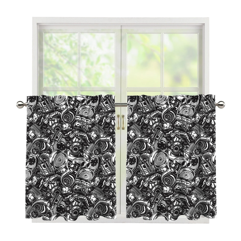 Black And White Mechanic Pattern Print Tier Curtains
