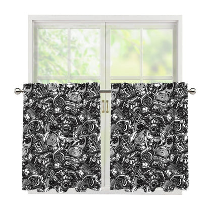 Black And White Mechanic Pattern Print Tier Curtains