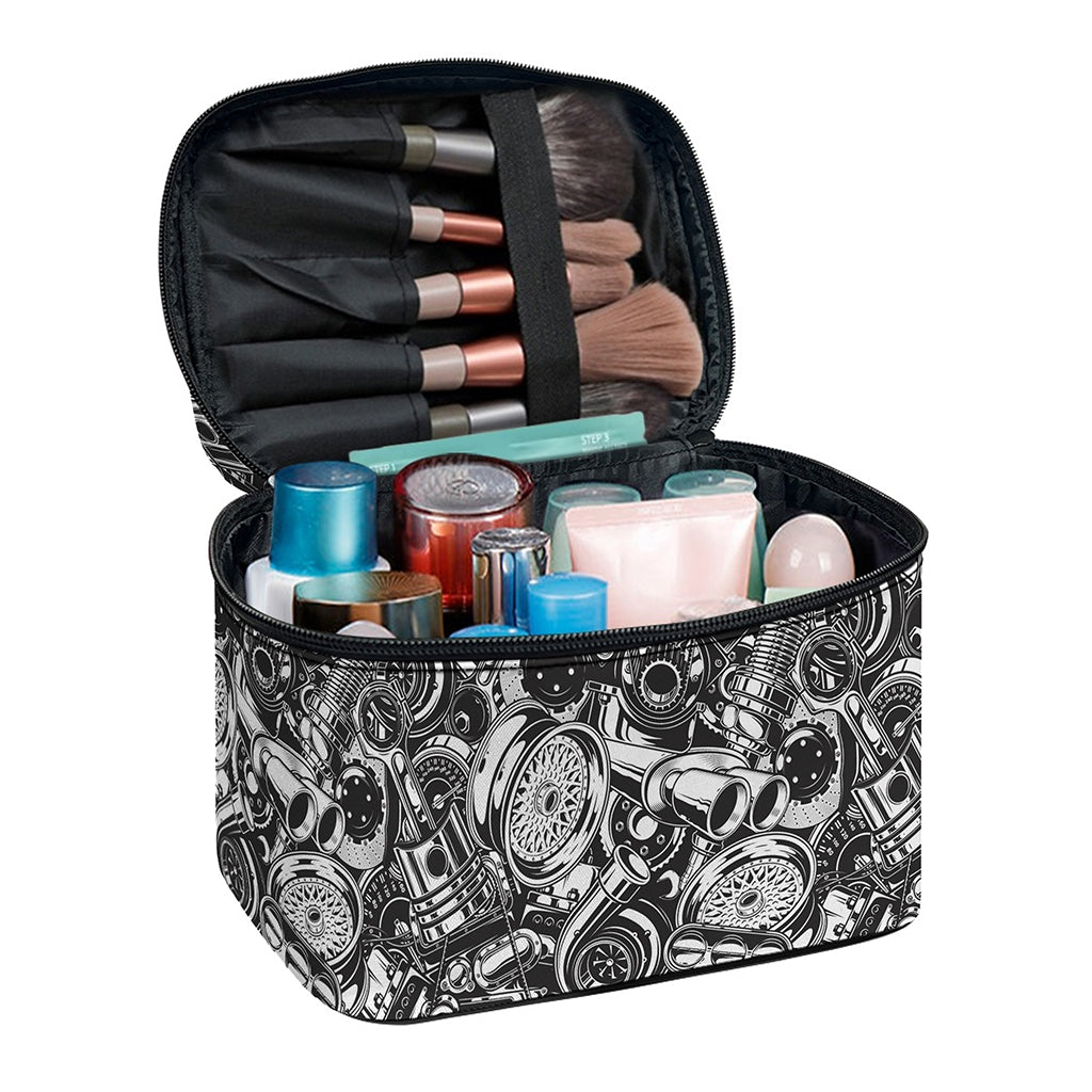 Black And White Mechanic Pattern Print Travel Makeup Bag
