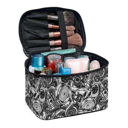 Black And White Mechanic Pattern Print Travel Makeup Bag