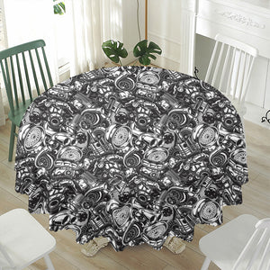 Black And White Mechanic Pattern Print Waterproof Round Tablecloth