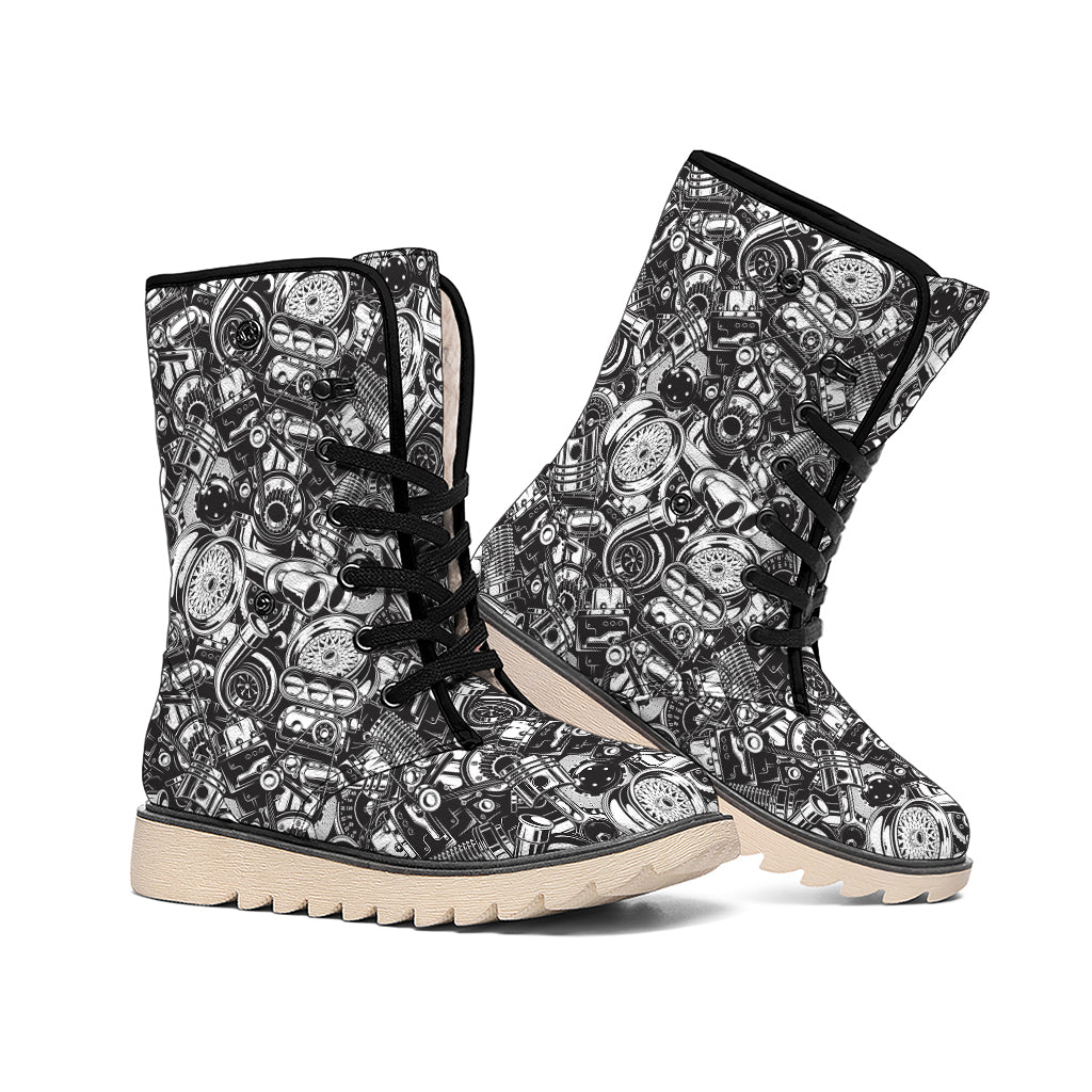 Black And White Mechanic Pattern Print Winter Boots