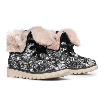 Black And White Mechanic Pattern Print Winter Boots
