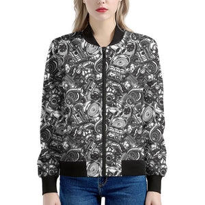 Black And White Mechanic Pattern Print Women's Bomber Jacket