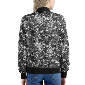 Black And White Mechanic Pattern Print Women's Bomber Jacket