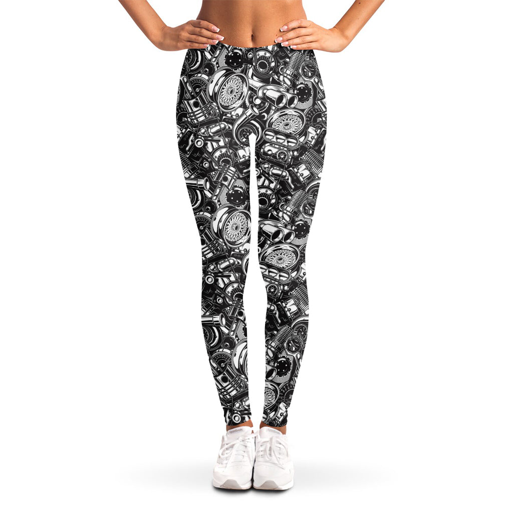 Black And White Mechanic Pattern Print Women's Leggings