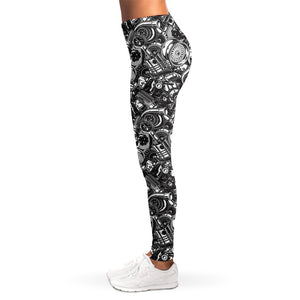 Black And White Mechanic Pattern Print Women's Leggings