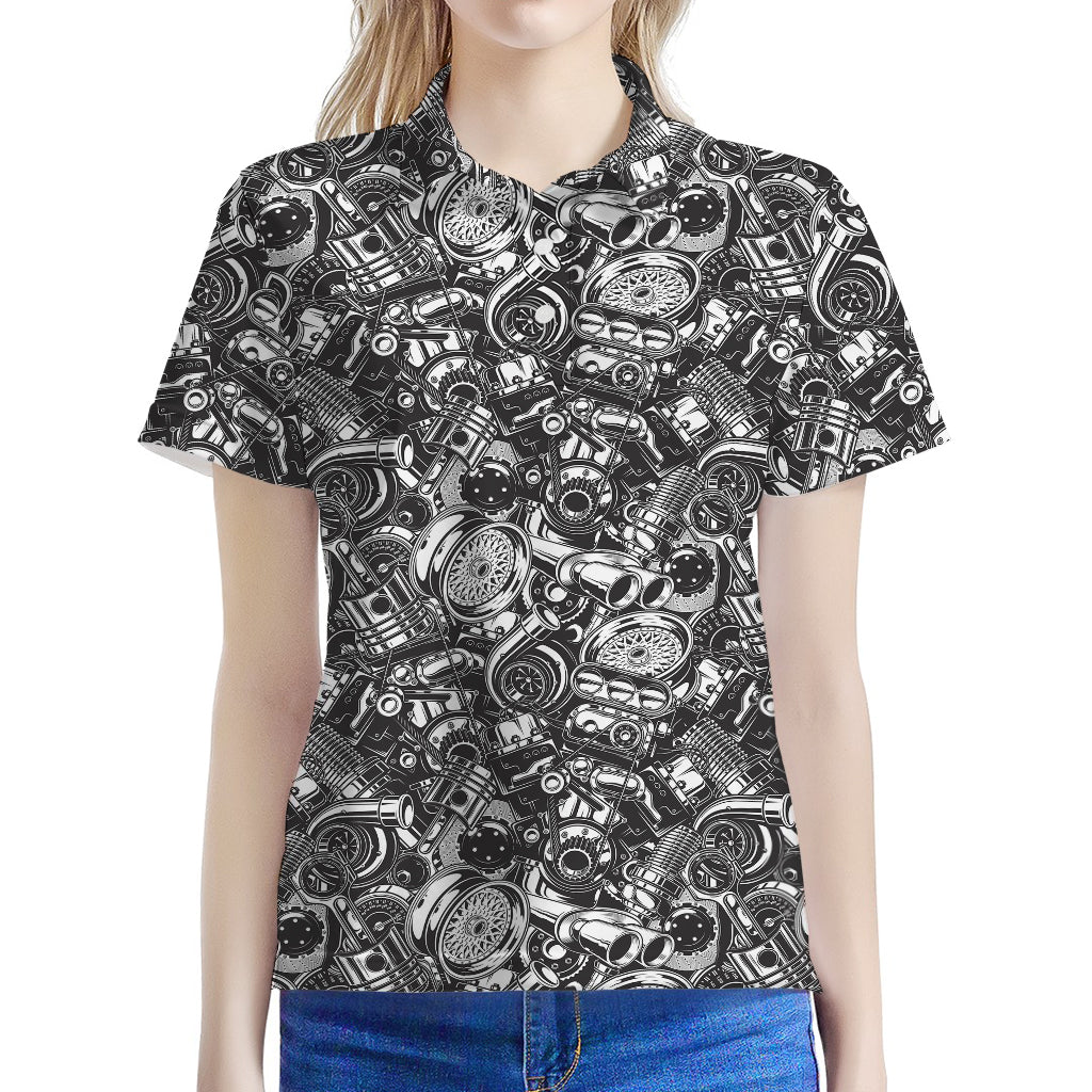 Black And White Mechanic Pattern Print Women's Polo Shirt