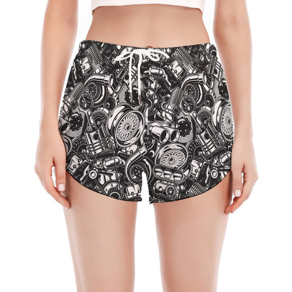 Black And White Mechanic Pattern Print Women's Split Running Shorts