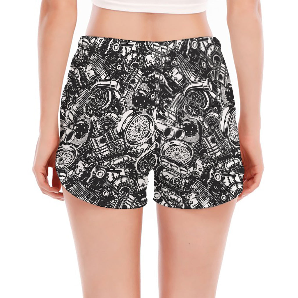 Black And White Mechanic Pattern Print Women's Split Running Shorts