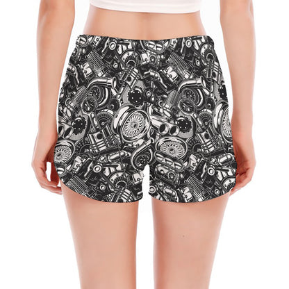 Black And White Mechanic Pattern Print Women's Split Running Shorts