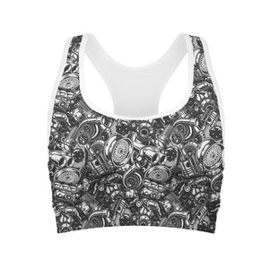 Black And White Mechanic Pattern Print Women's Sports Bra