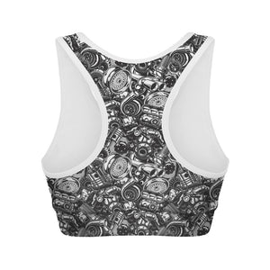 Black And White Mechanic Pattern Print Women's Sports Bra