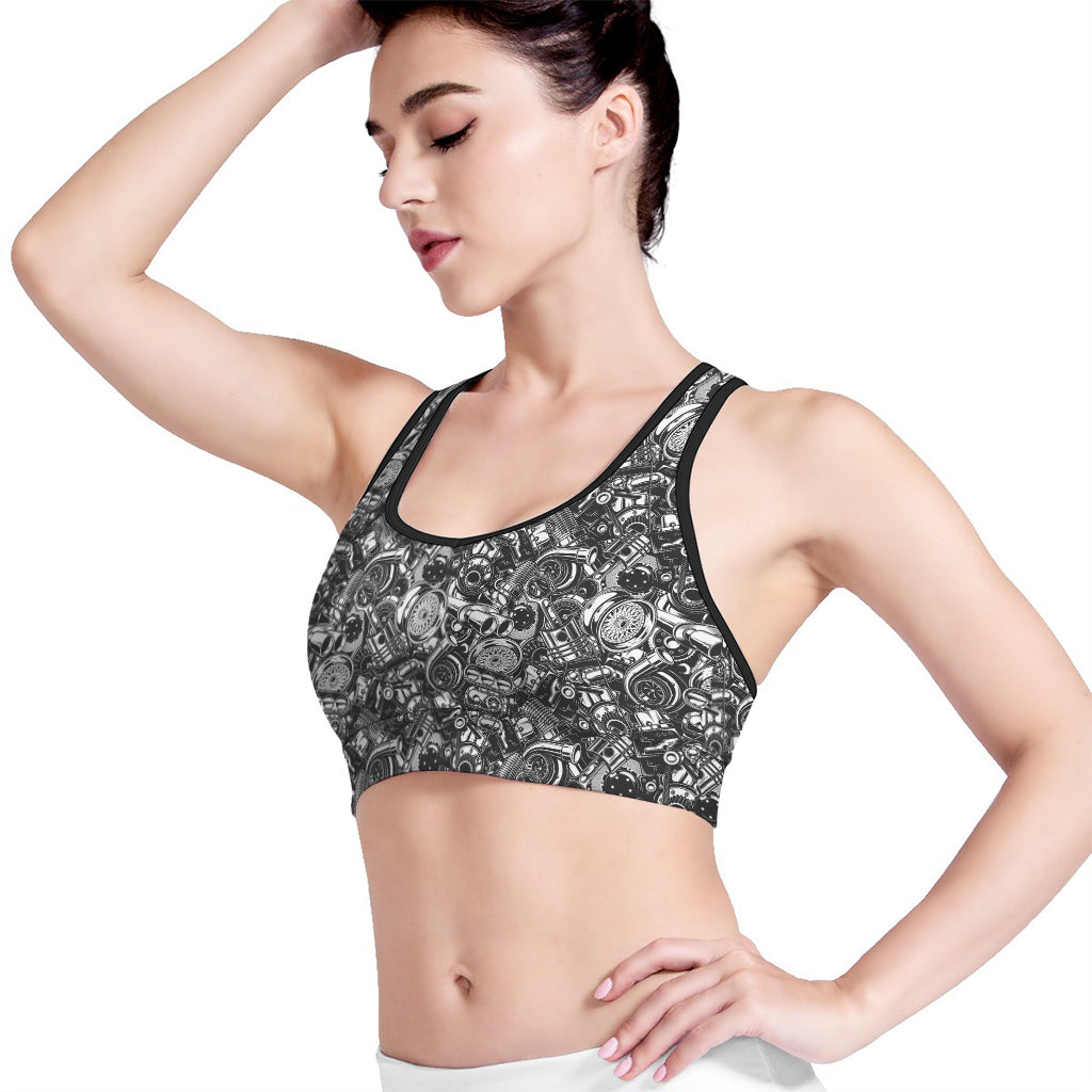 Black And White Mechanic Pattern Print Women's Sports Bra