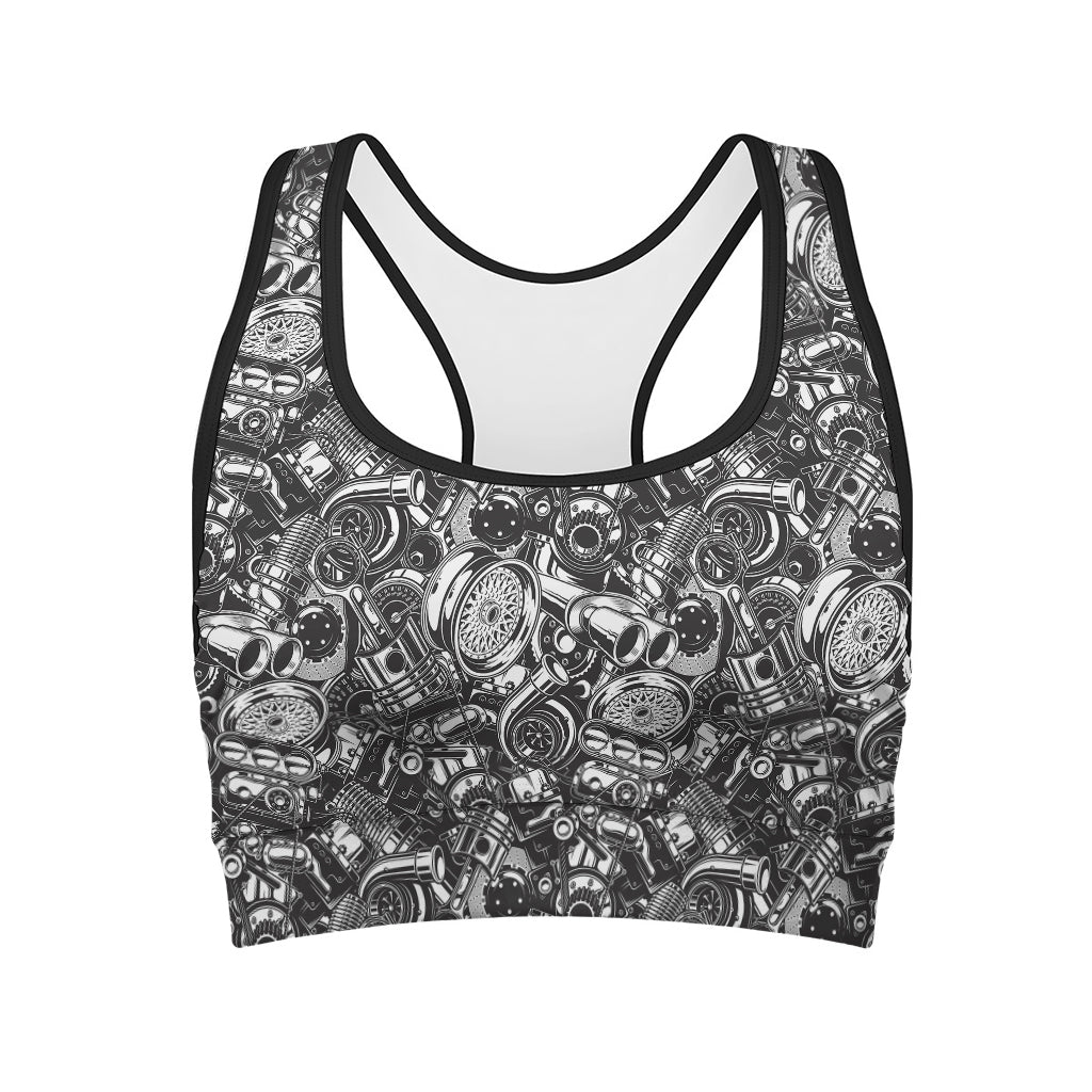 Black And White Mechanic Pattern Print Women's Sports Bra