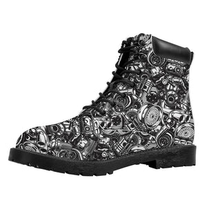 Black And White Mechanic Pattern Print Work Boots