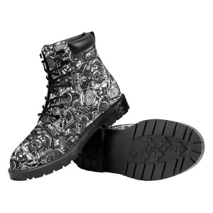 Black And White Mechanic Pattern Print Work Boots