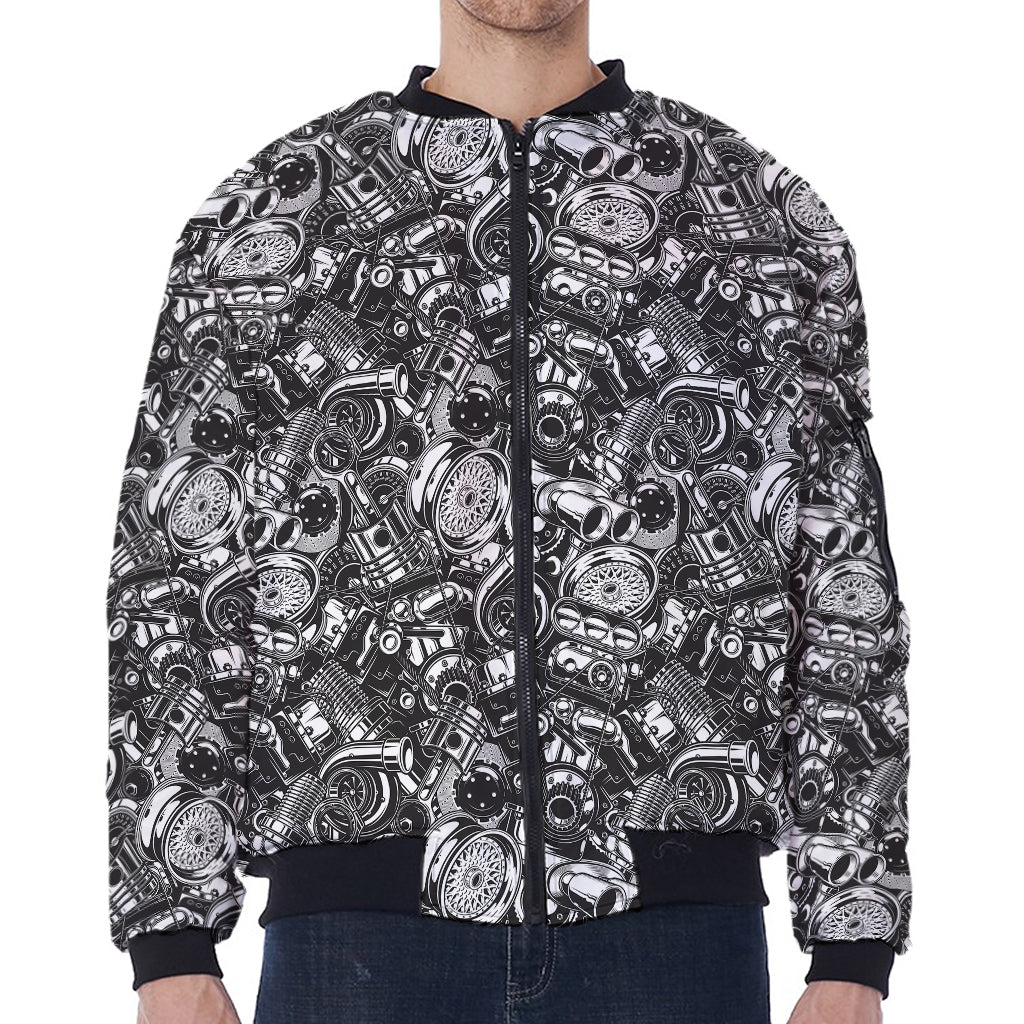 Black And White Mechanic Pattern Print Zip Sleeve Bomber Jacket