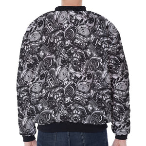 Black And White Mechanic Pattern Print Zip Sleeve Bomber Jacket