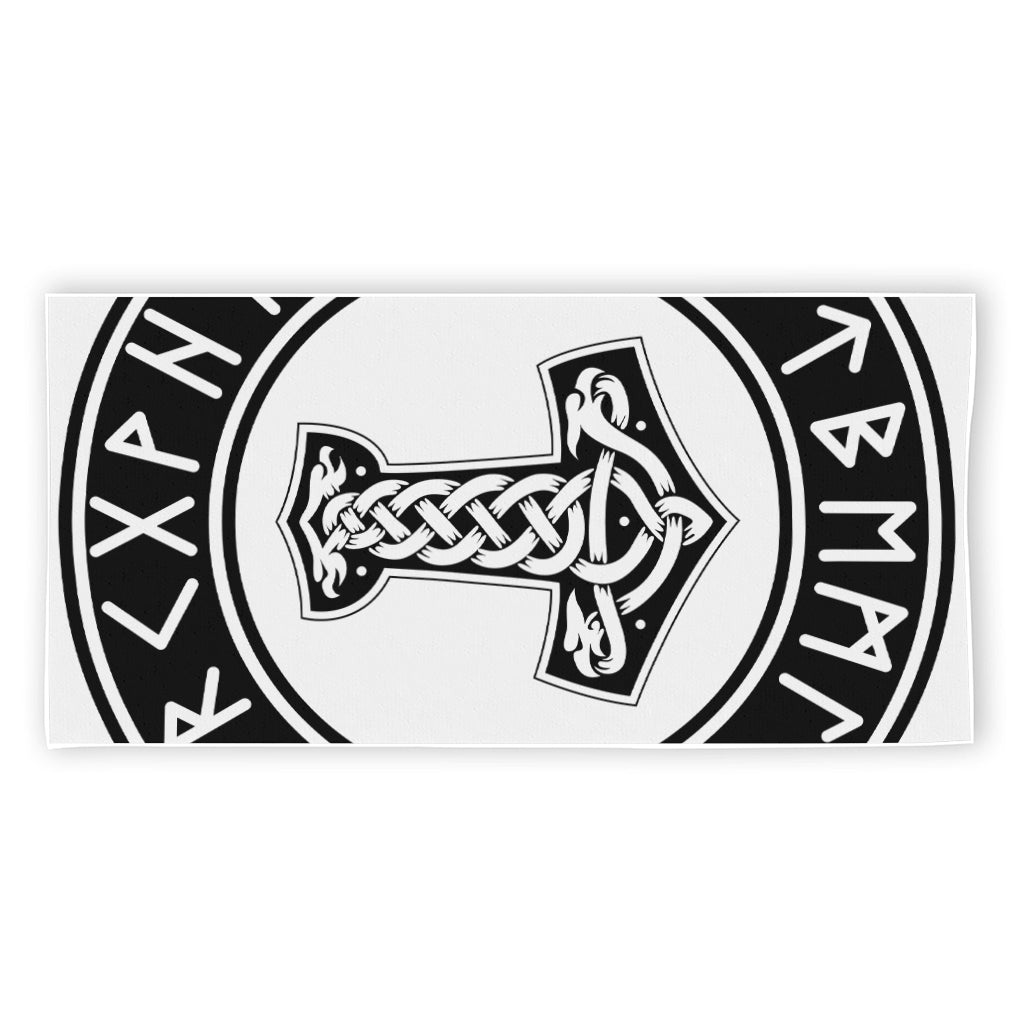 Black And White Mjolnir Print Beach Towel