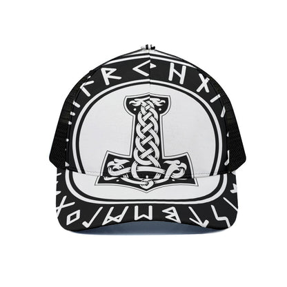 Black And White Mjolnir Print Black Mesh Trucker Cap