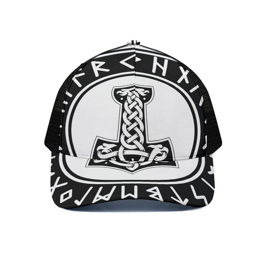 Black And White Mjolnir Print Black Mesh Trucker Cap