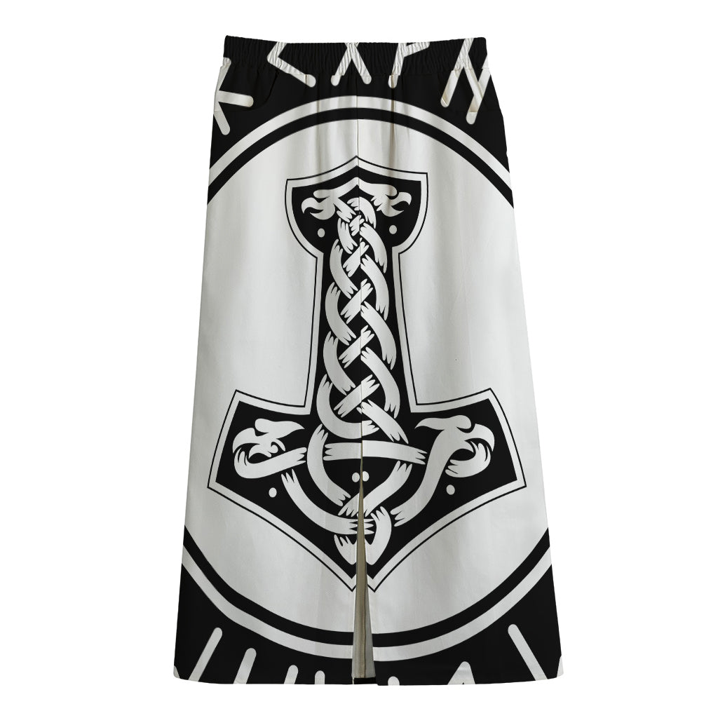 Black And White Mjolnir Print Cotton Front Slit Maxi Skirt
