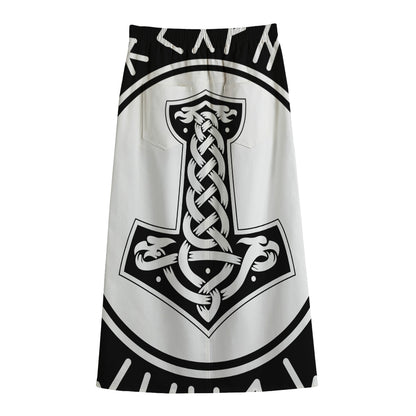 Black And White Mjolnir Print Cotton Front Slit Maxi Skirt