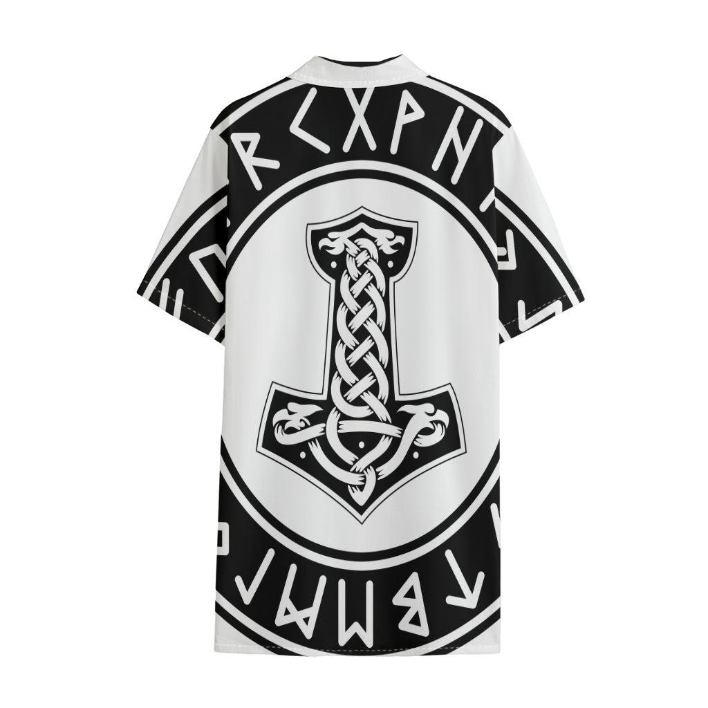 Black And White Mjolnir Print Cotton Hawaiian Shirt