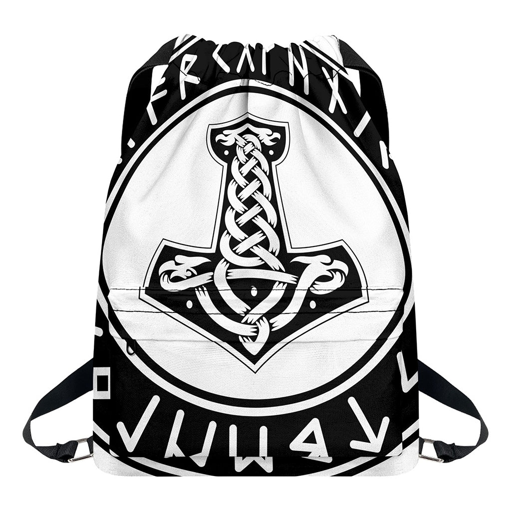 Black And White Mjolnir Print Drawstring Backpack