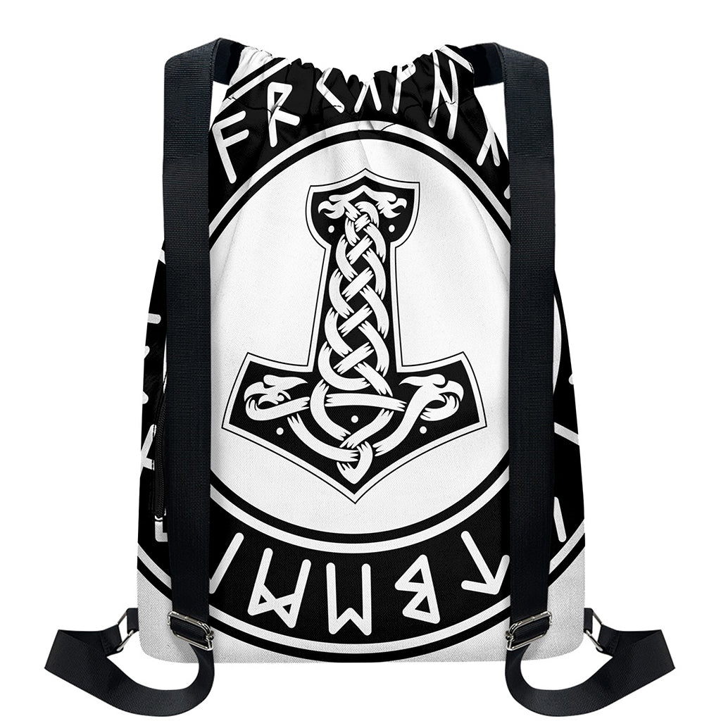 Black And White Mjolnir Print Drawstring Backpack