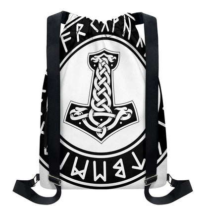 Black And White Mjolnir Print Drawstring Backpack