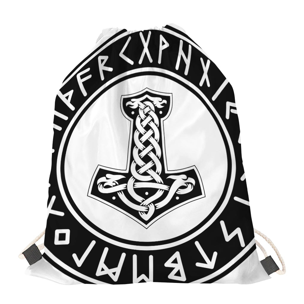 Black And White Mjolnir Print Drawstring Bag