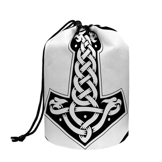 Black And White Mjolnir Print Drawstring Makeup Bag