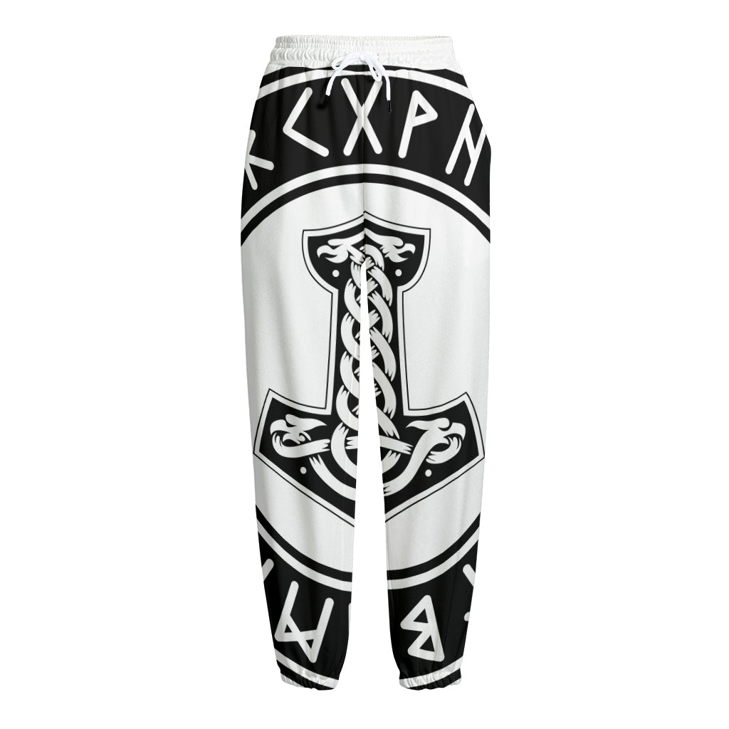 Black And White Mjolnir Print Fleece Lined Knit Pants