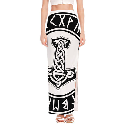 Black And White Mjolnir Print High Slit Maxi Skirt