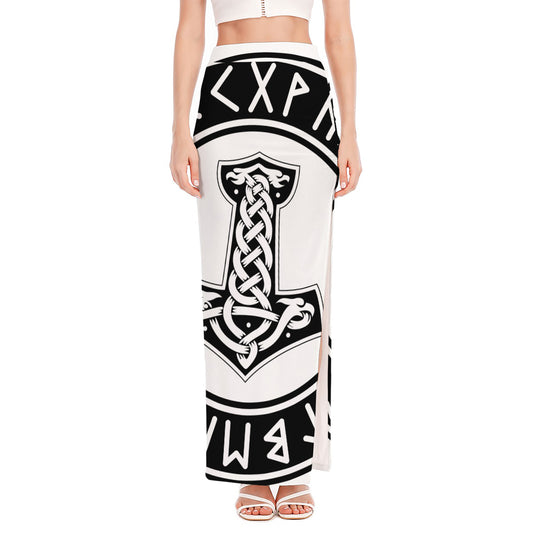 Black And White Mjolnir Print High Slit Maxi Skirt