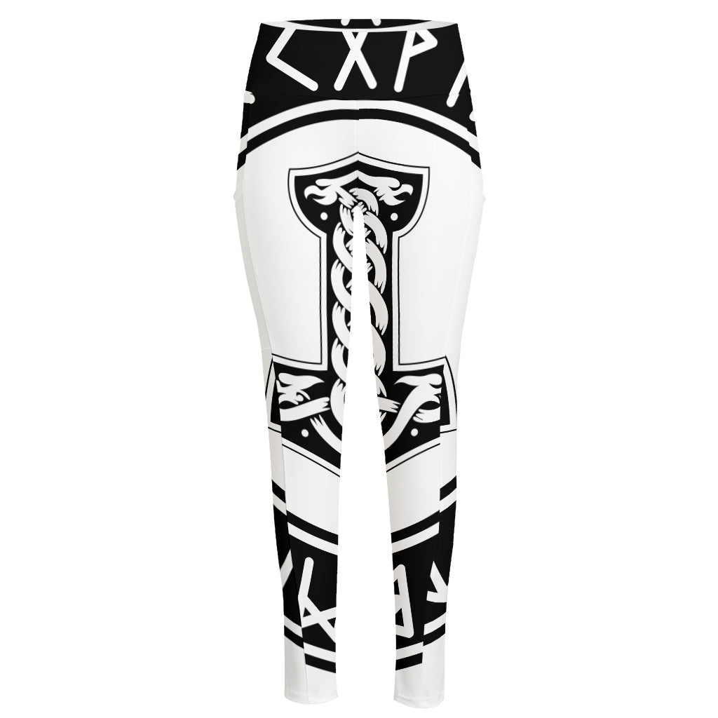 Black And White Mjolnir Print High-Waisted Pocket Leggings