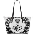 Black And White Mjolnir Print Leather Tote Bag With Zipper
