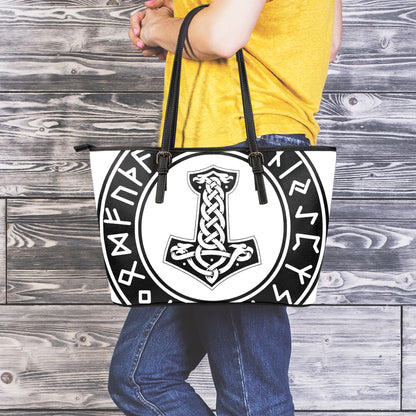 Black And White Mjolnir Print Leather Tote Bag