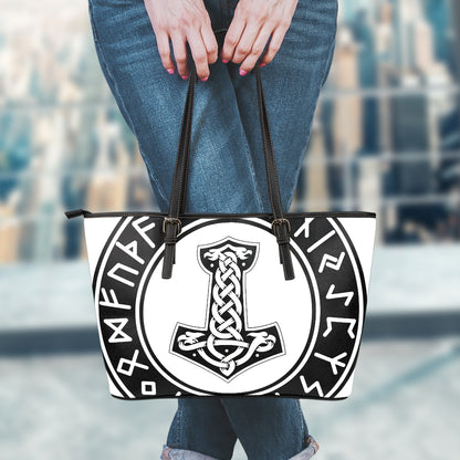 Black And White Mjolnir Print Leather Tote Bag