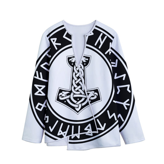 Black And White Mjolnir Print Long Sleeve Short Coat