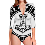 Black And White Mjolnir Print Long Sleeve Swimsuit