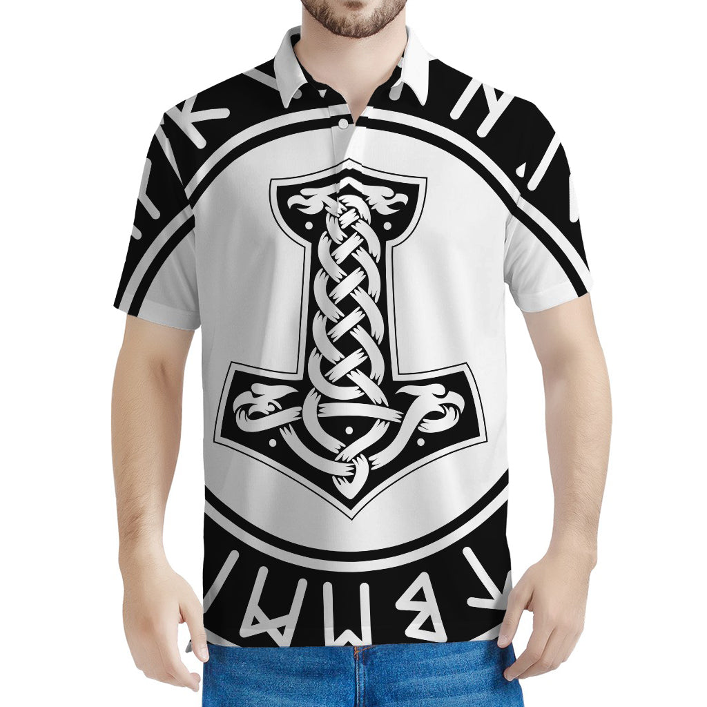 Black And White Mjolnir Print Men's Polo Shirt
