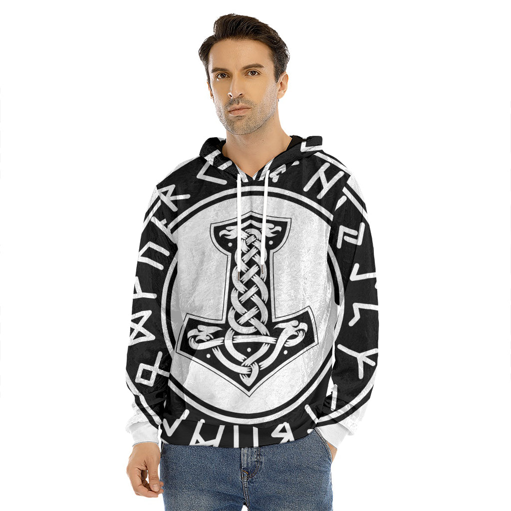 Black And White Mjolnir Print Men's Velvet Pullover Hoodie