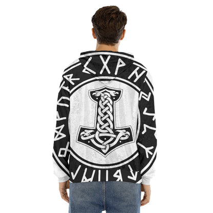 Black And White Mjolnir Print Men's Velvet Pullover Hoodie