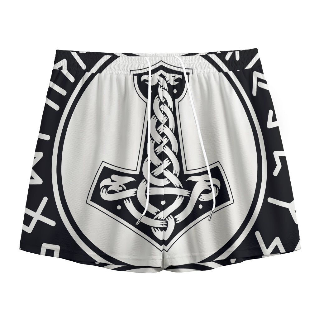 Black And White Mjolnir Print Mesh Shorts